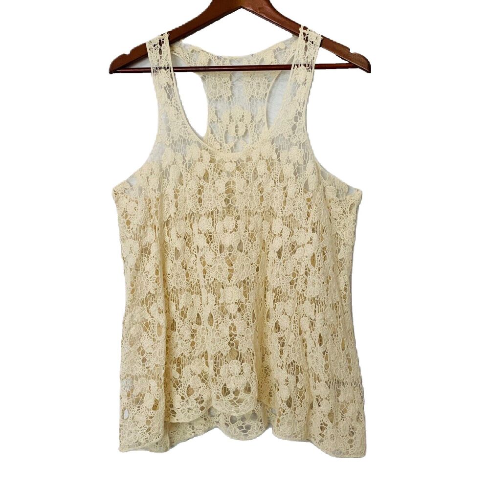 Blouse Woman Large Ivory Crochet Scallop Edge Sheer Racerback Sleeveless Cottage